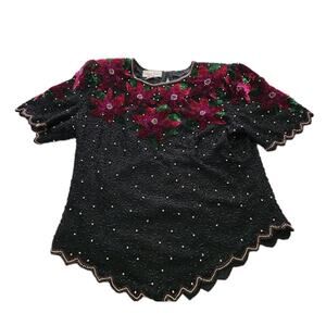 Vintage Laurence Kazar Beaded Christmas Poinsettia Holiday Party Top Sz 1X